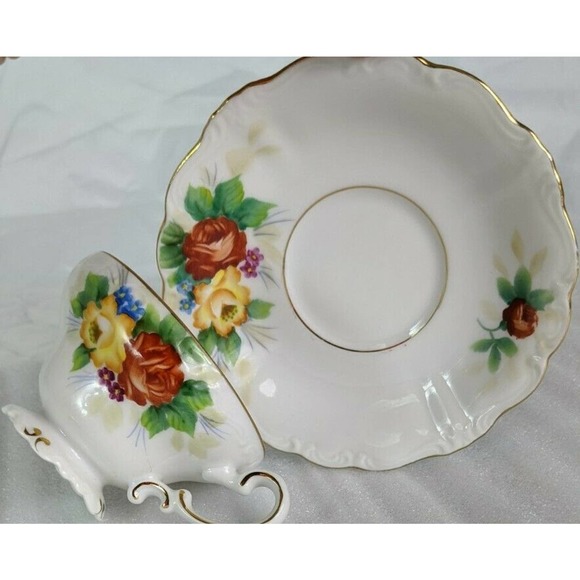 Ohata China Occupied Japan Floral Tea Cup & Saucer Set Red Yellow Gold - Picture 5 of 10